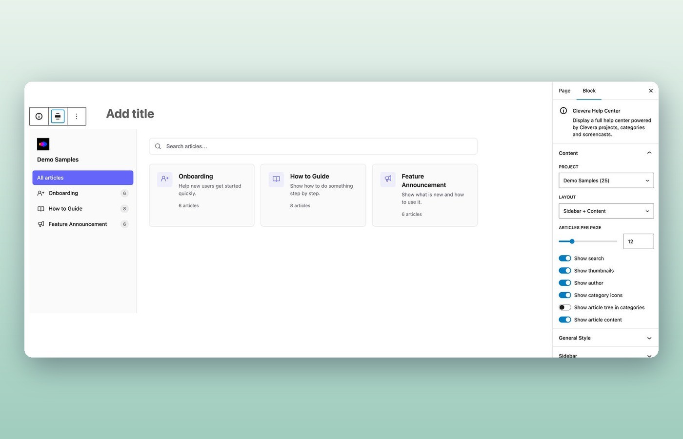 Clevera WordPress-Plugin: der Clevera Help Center-Block im WordPress-Block-Editor, mit ausgewähltem Clevera-Projekt sowie dessen Layout- und Anzeige-Einstellungen