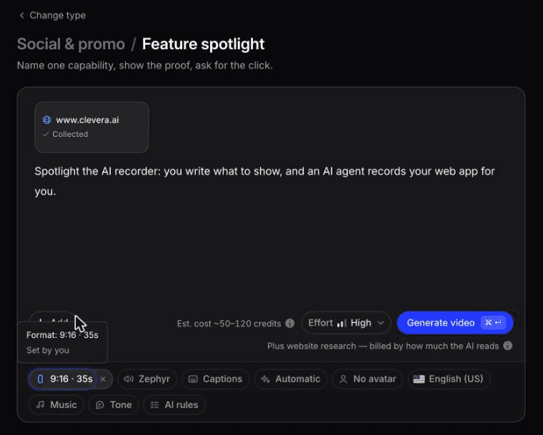 Echter Clevera-Bildschirm: ein Funktions-Spotlight, das über einen Link eingerichtet wurde, mit www.clevera.ai gesammelt und bereit zur Generierung