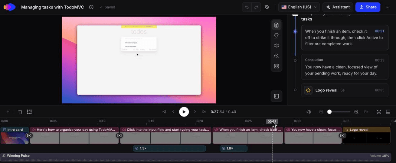 Das 0 How-to-Video, das Clevera aus der KI-Aufnahme generiert hat, geöffnet im Timeline-Editor mit dem von der KI geschriebenen Skript neben den echten TodoMVC-Frames