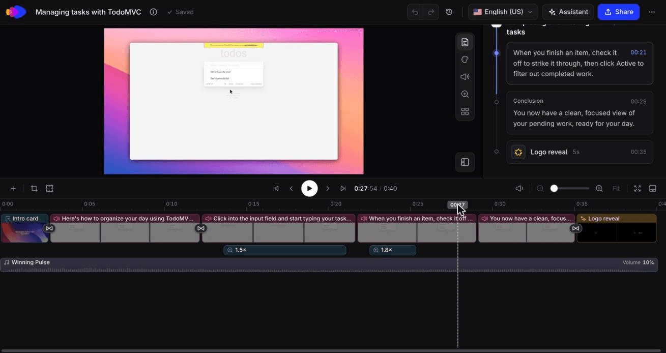 Ein KI-generiertes How-to-Video im Timeline-Editor von Clevera, mit dem Schritt-für-Schritt-Skript neben der Vorschau