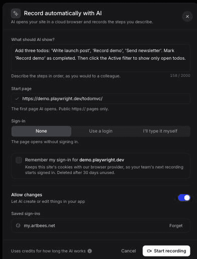 Das Formular „Record automatically with AI“ von Clevera, ausgefüllt für TodoMVC: die Anweisung mit drei Todos, Startseite demo.playwright.dev/todomvc, Anmeldung auf „None“ gesetzt und „Allow changes“ aktiviert