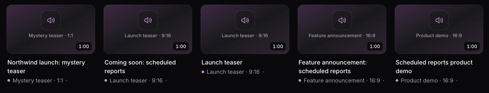 Fünf Launch-Videos in der Inhaltsbibliothek: Mystery-Teaser, Demnächst, Launch-Teaser, Feature-Ankündigung und Produktdemo