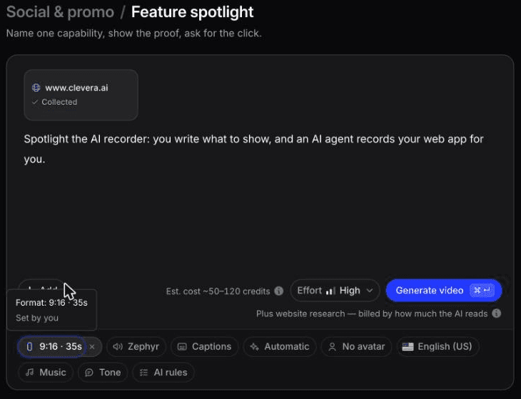 Feature-Spotlight-Prompt in Clevera mit clevera.ai, hinzugefügt über 'Website recherchieren', Format auf 9 und 35 Sekunden eingestellt