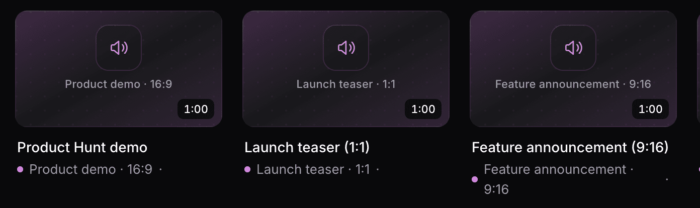 Drei Videos für den Launch-Tag in der Inhaltsbibliothek: eine 16-sekündige Demo, ein 1-sekündiger Launch-Teaser und eine 9-sekündige Funktionsankündigung