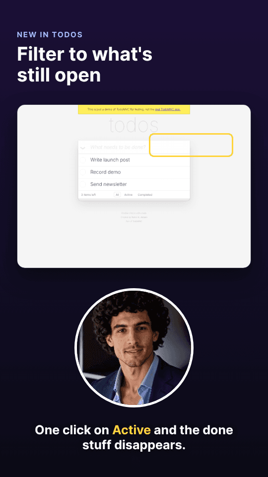 Ein 9 KI-Avatar-Clip-Frame: ein Produktbildschirm oben, der Avatar darunter und eine Bildunterschrift am unteren Rand