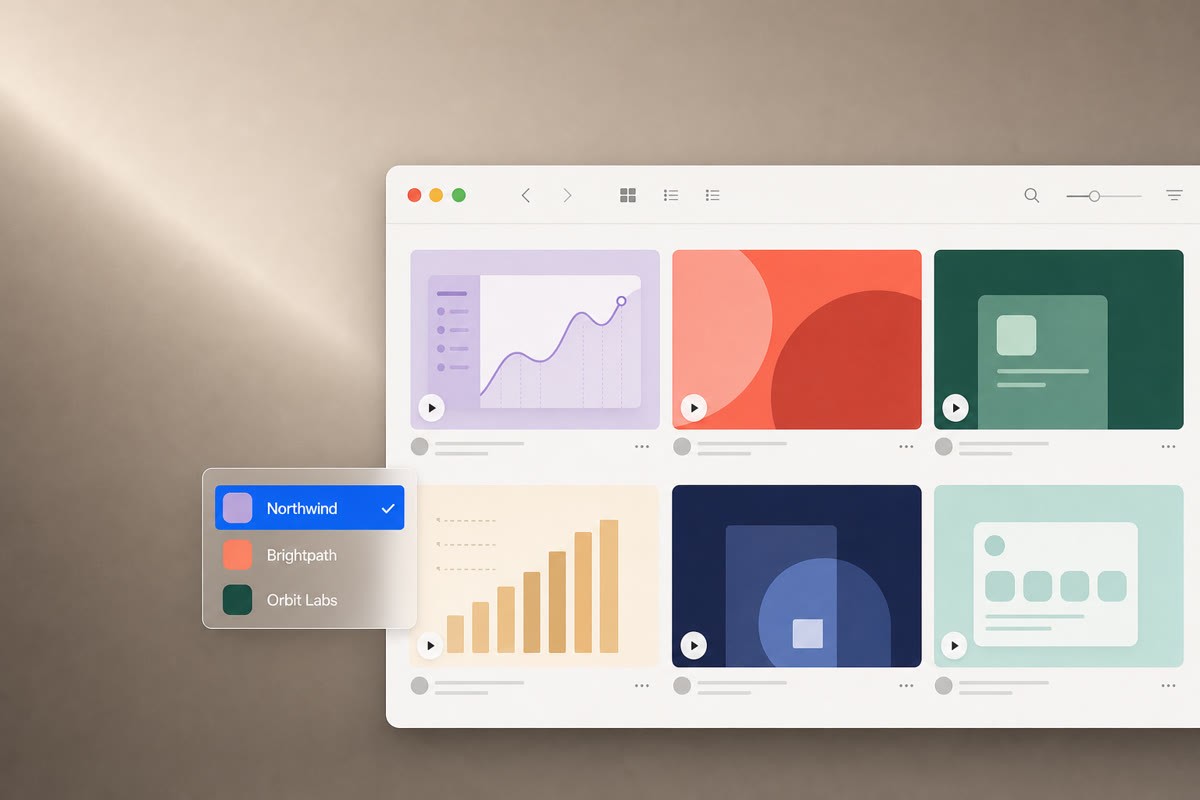 Clevera Workspace-Umschalter mit Northwind, Brightpath und Orbit Labs über einer Kunden-Videobibliothek