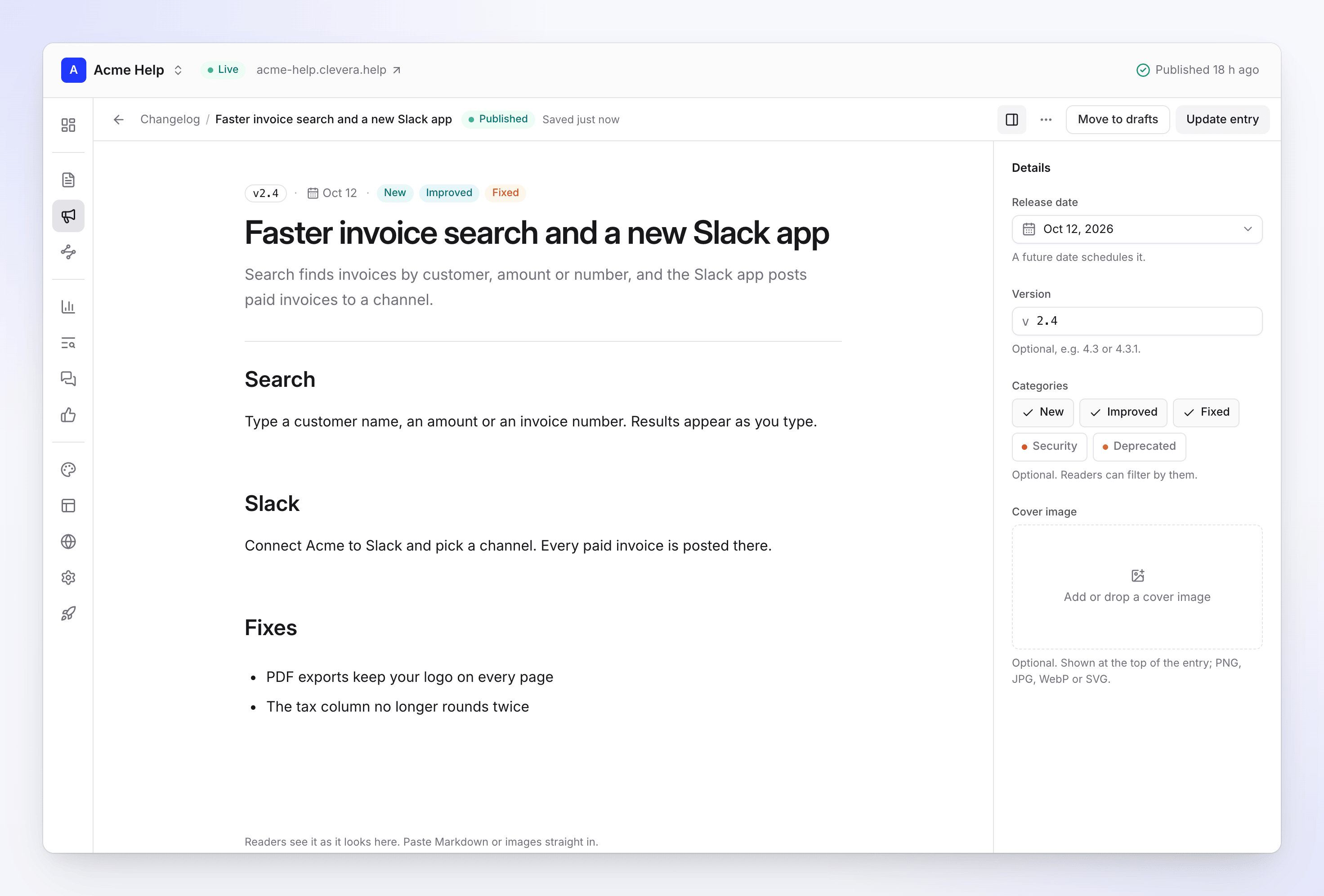 Ein Changelog-Eintrag einer Clevera-Dokumentationsseite mit Version, Veröffentlichungsdatum und den Kategorien New, Improved und Fixed im Detail-Panel (Beispieldaten)