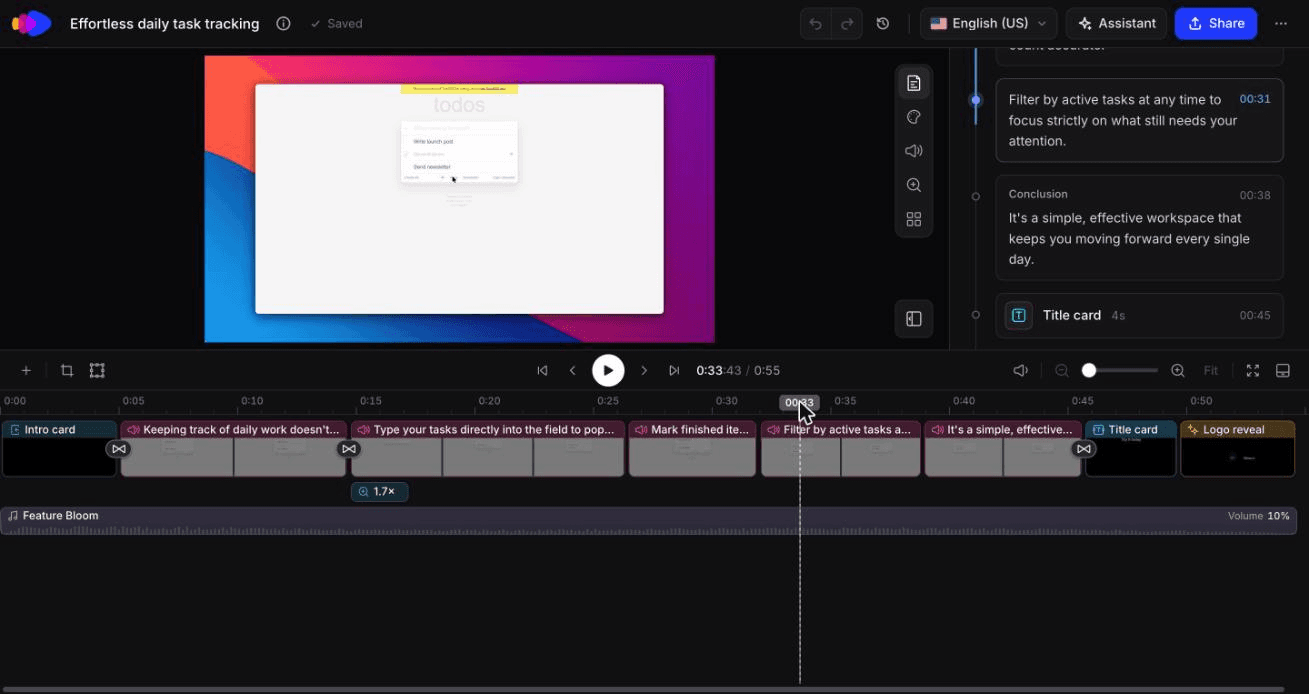 Eine Produktdemo in der Timeline-Bearbeitung von Clevera: Intro-Karte, gezoomte UI-Clips, Titelkarte und das Skript für die Vertonung