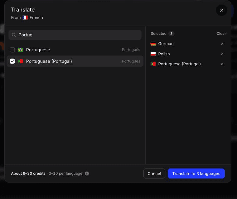 Cleveras Übersetzungsdialog mit ausgewählten Sprachen Deutsch, Polnisch und Portugiesisch (Portugal)