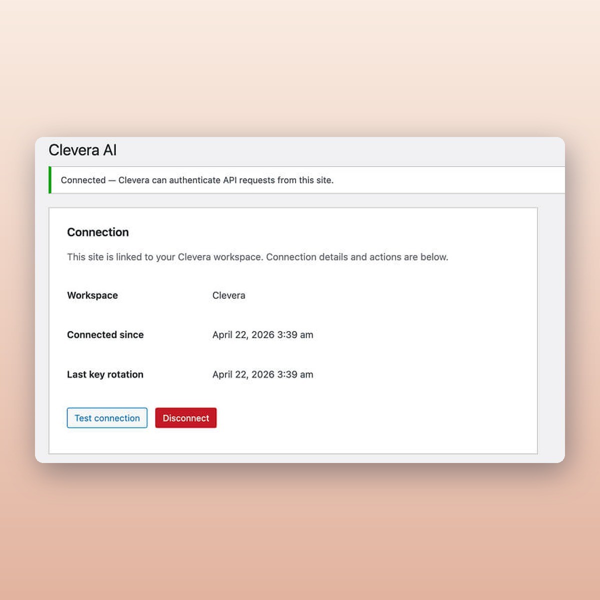WordPress-Einstellungen, Clevera AI: die mit einem Clevera-Workspace verbundene Website, mit „Verbindung testen“ und „Trennen“
