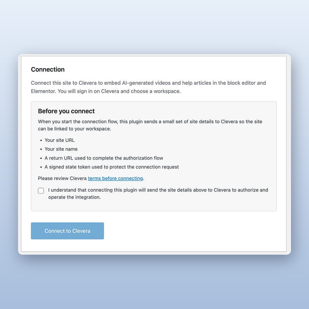 WordPress-Einstellungen, Clevera AI: die Verbindungsinformationen und der „Mit Clevera verbinden“-Button