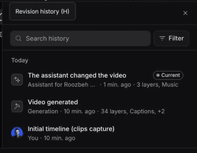Cleveras Revisionshistorie listet das ursprünglich generierte Video und die vom Assistenten bearbeitete Version auf
