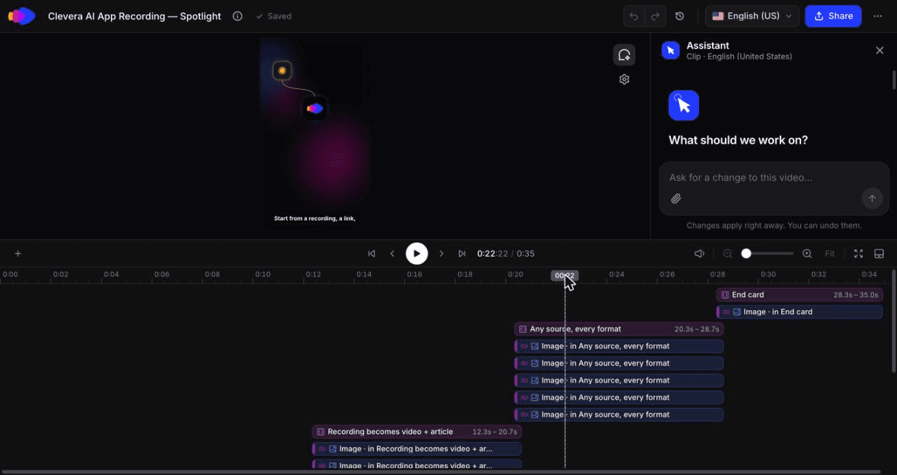 Ein vertikales Feature Spotlight im Clevera-Clip-Editor mit geöffnetem Assistant-Prompt-Feld