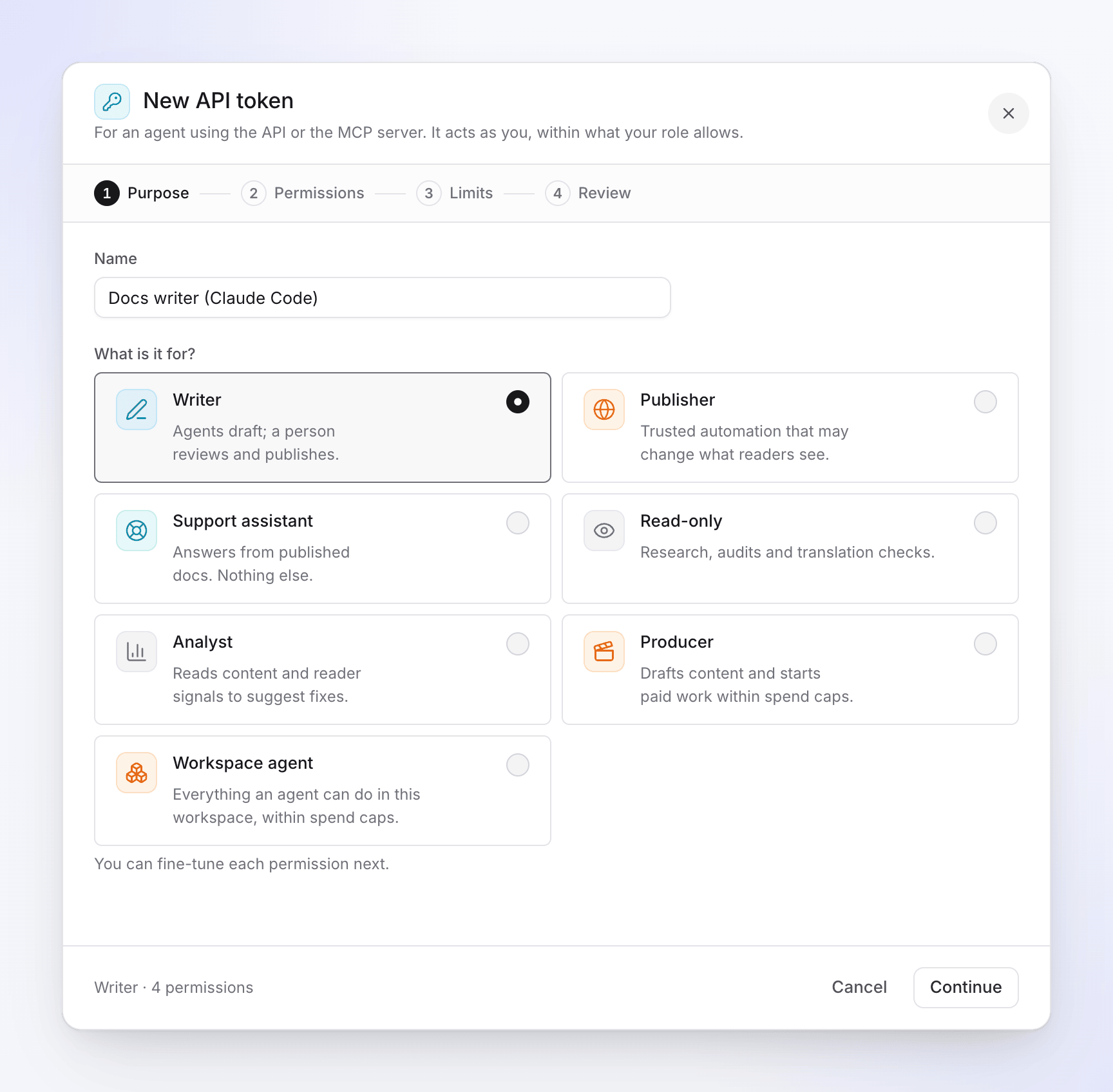 Cleveras Assistent für neue API-Token im Schritt „Zweck“, mit der Voreinstellung „Writer“ für ein Token namens „Docs writer (Claude Code)“