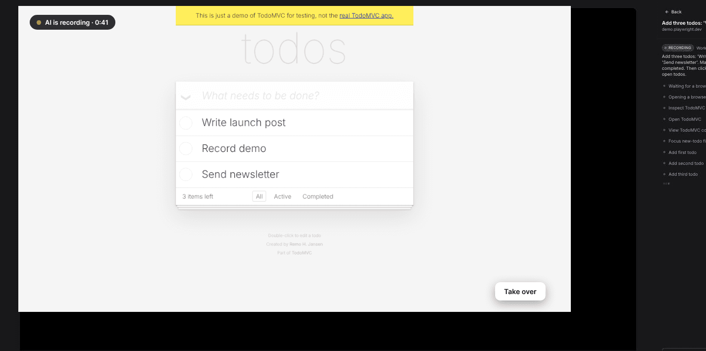 Eine laufende KI-Aufnahme in einer Demo-To-Do-App, mit der Option zur Übernahme der Steuerung in der Ecke