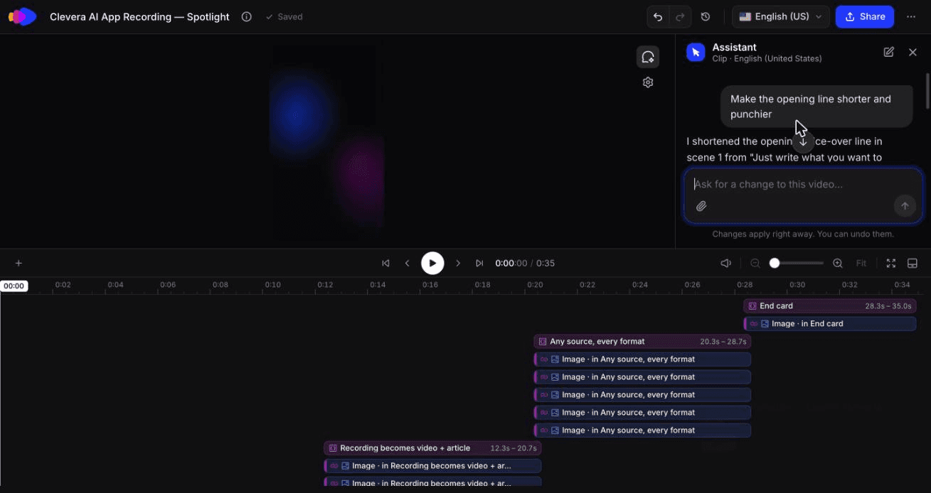 Ein Feature-Spotlight, das aus einer Website im Clevera-Clip-Editor generiert wurde, während der Assistent eine Bearbeitung anwendet