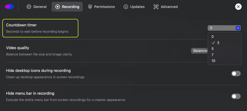 Clevera-Recorder-Einstellungen: der Countdown-Timer auf dem Aufnahme-Tab