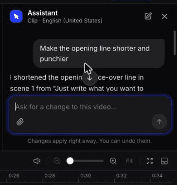 Cleveras Assistenten-Panel ändert den ersten Voiceover-Satz eines Feature-Spotlights
