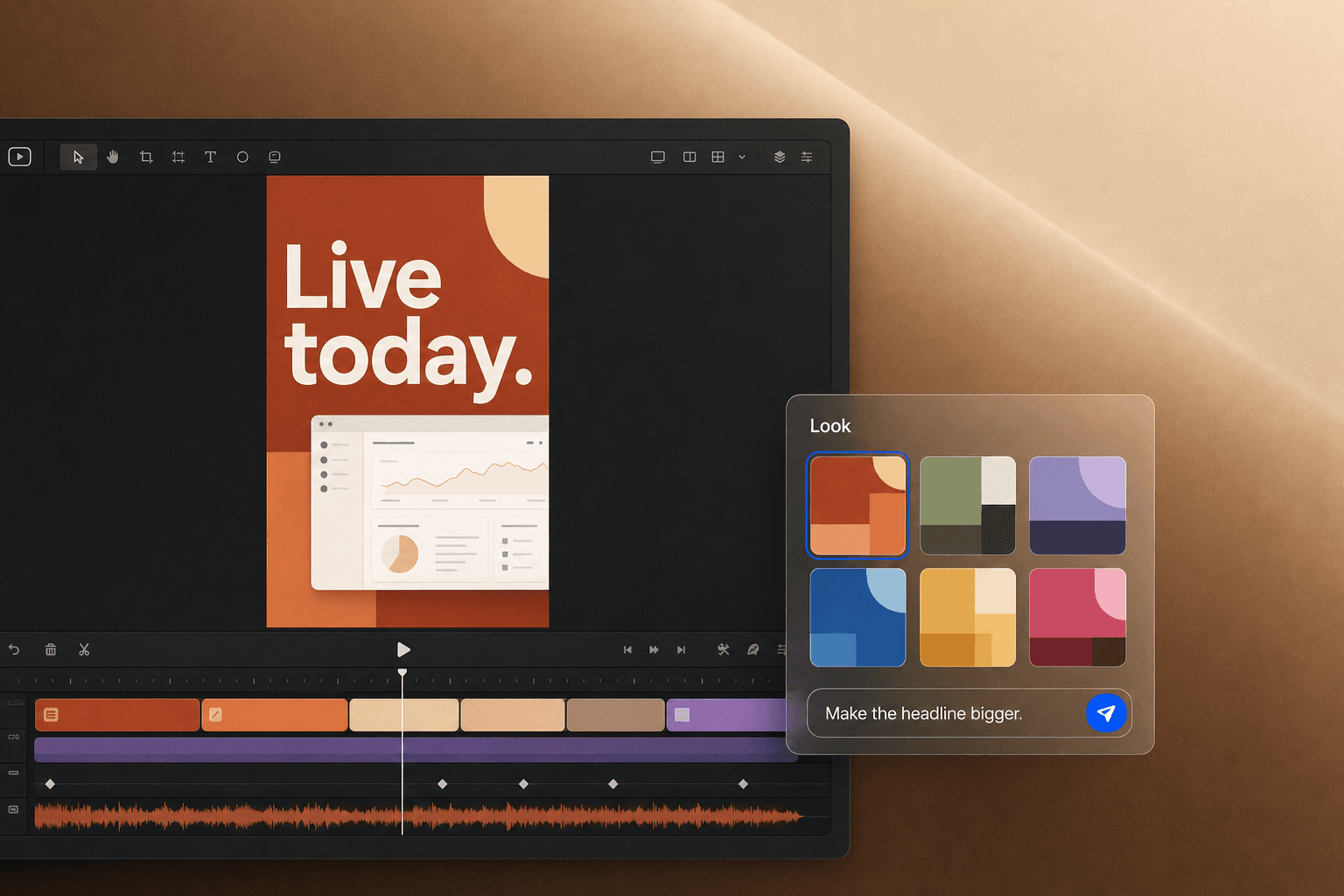 Clevera-Clip-Editor mit einem 9:16-Launch-Teaser mit der Aufschrift „Live heute.“, einem Look-Panel mit sechs Stilen und einem Assistenten-Prompt „Mach die Überschrift größer.“