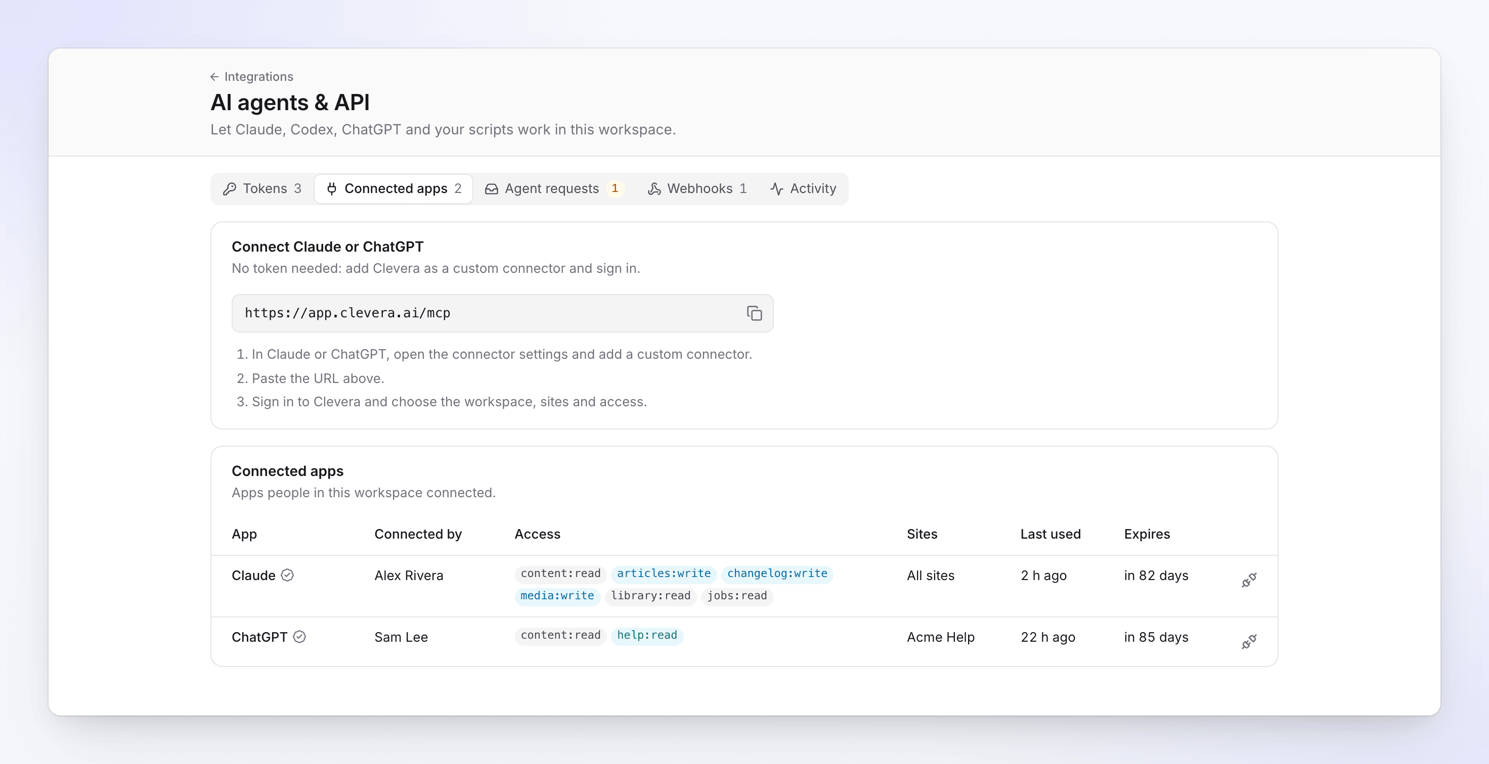 Cleveras Seite für KI-Agenten & API, Tab „Verbundene Apps“, zeigt die Connector-URL und Einrichtungsschritte (Beispieldaten)
