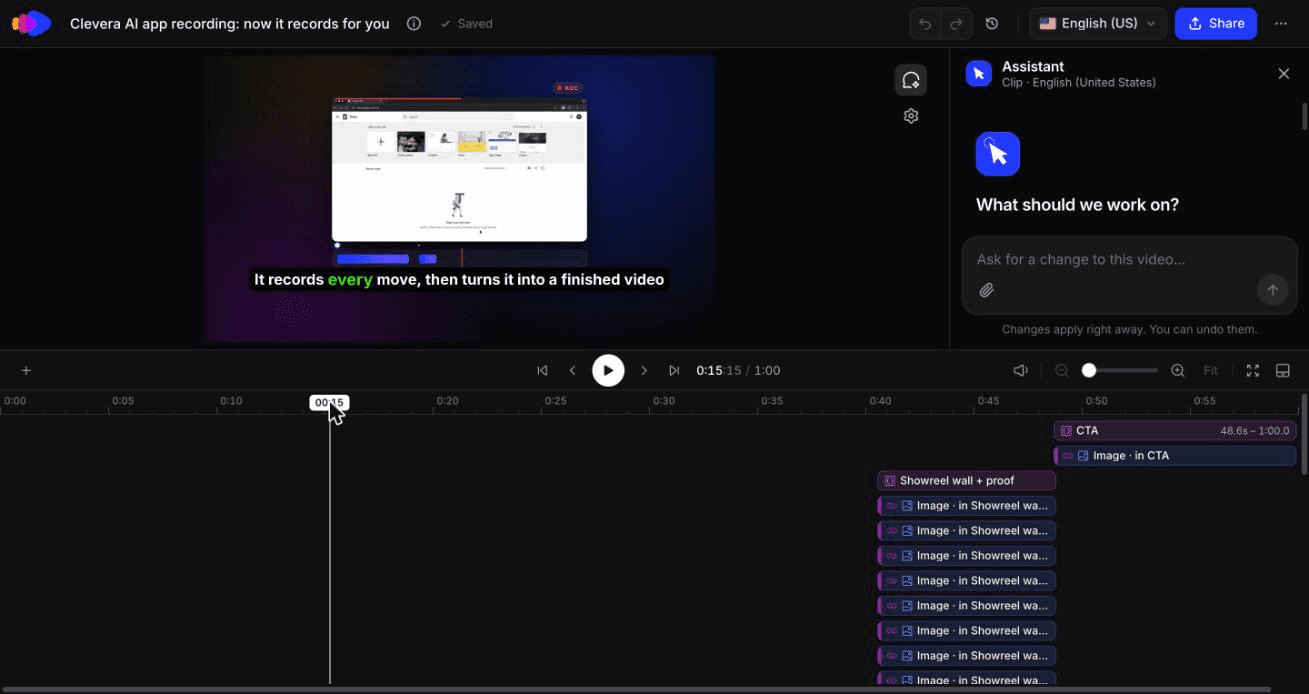 Eine generierte Feature-Ankündigung im Clip-Editor von Clevera, mit Untertiteln in der Vorschau und geöffnetem Assistant-Panel