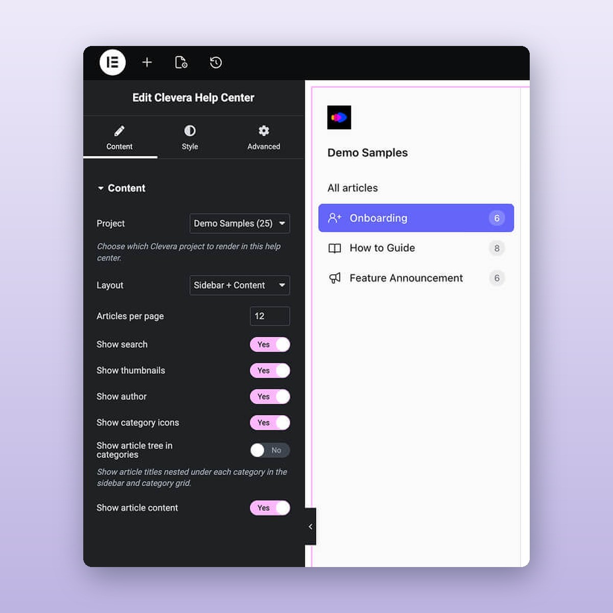 Das Clevera Help Center-Widget in Elementor, mit Projekt-, Layout- und Anzeigeoptionen