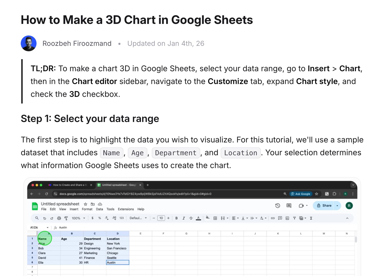 Ein Clevera-Hilfeartikel: Wie man ein 3D-Diagramm in Google Sheets erstellt, mit einem TL;DR und Schritt 1