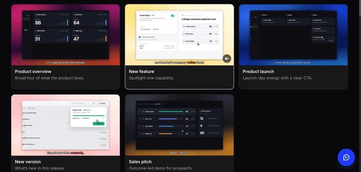 Die Produktdemo-Typen von Clevera, mit ausgewähltem „New feature“
