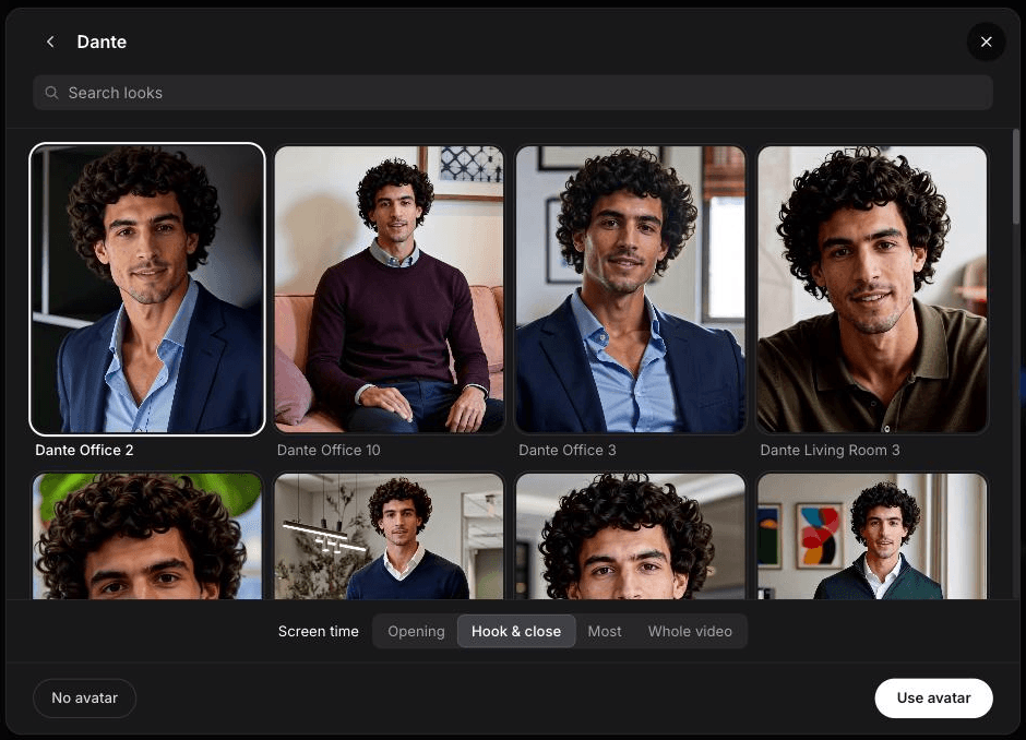 Auswahl des KI-Avatar-Looks und Festlegung, wie oft er im Video erscheint