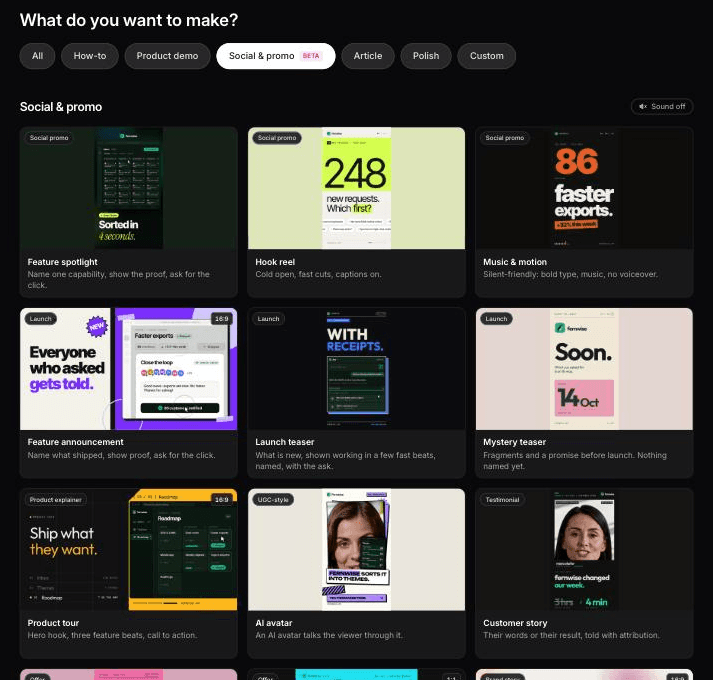 Cleveras Social- & Promo-Typen: Feature-Spotlight, Hook-Reel, Musik & Motion, Feature-Ankündigung, Launch-Teaser, Mystery-Teaser, Produkttour, KI-Avatar und Kundenstory