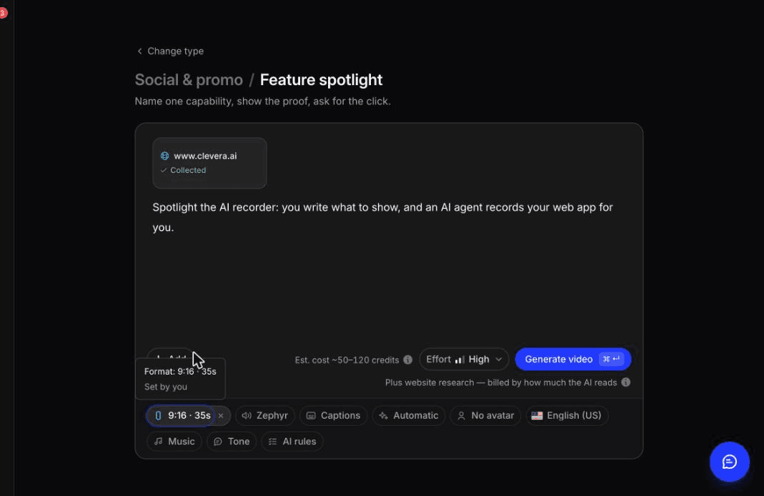 Social & Promo, Feature-Spotlight: eine Website als Ausgangsmaterial plus ein einzeiliges Briefing vor der Generierung